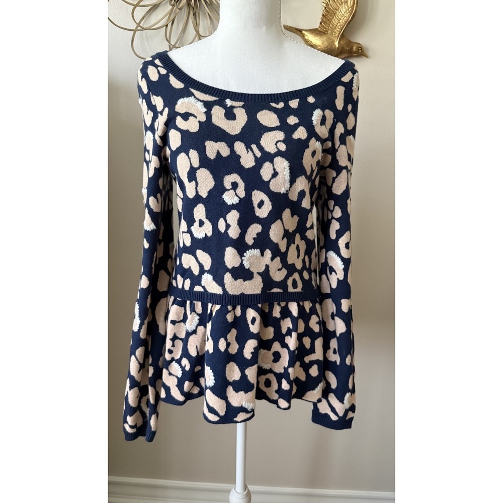 Anthropologie Moth Navy‎ Beige Leopard Print Peplum Sweater Petite SP Knit